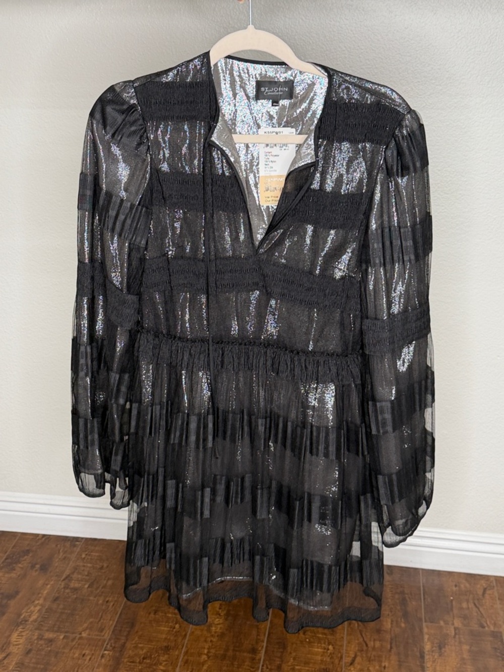 St. John Black Sheer Metallic-Striped Midi Dress